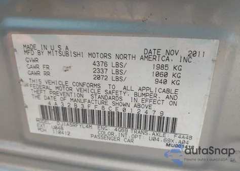 2012 Mitsubishi Galant Es/Se z USA, uszkodzony, nr VIN 4A32B3FF8CE012479